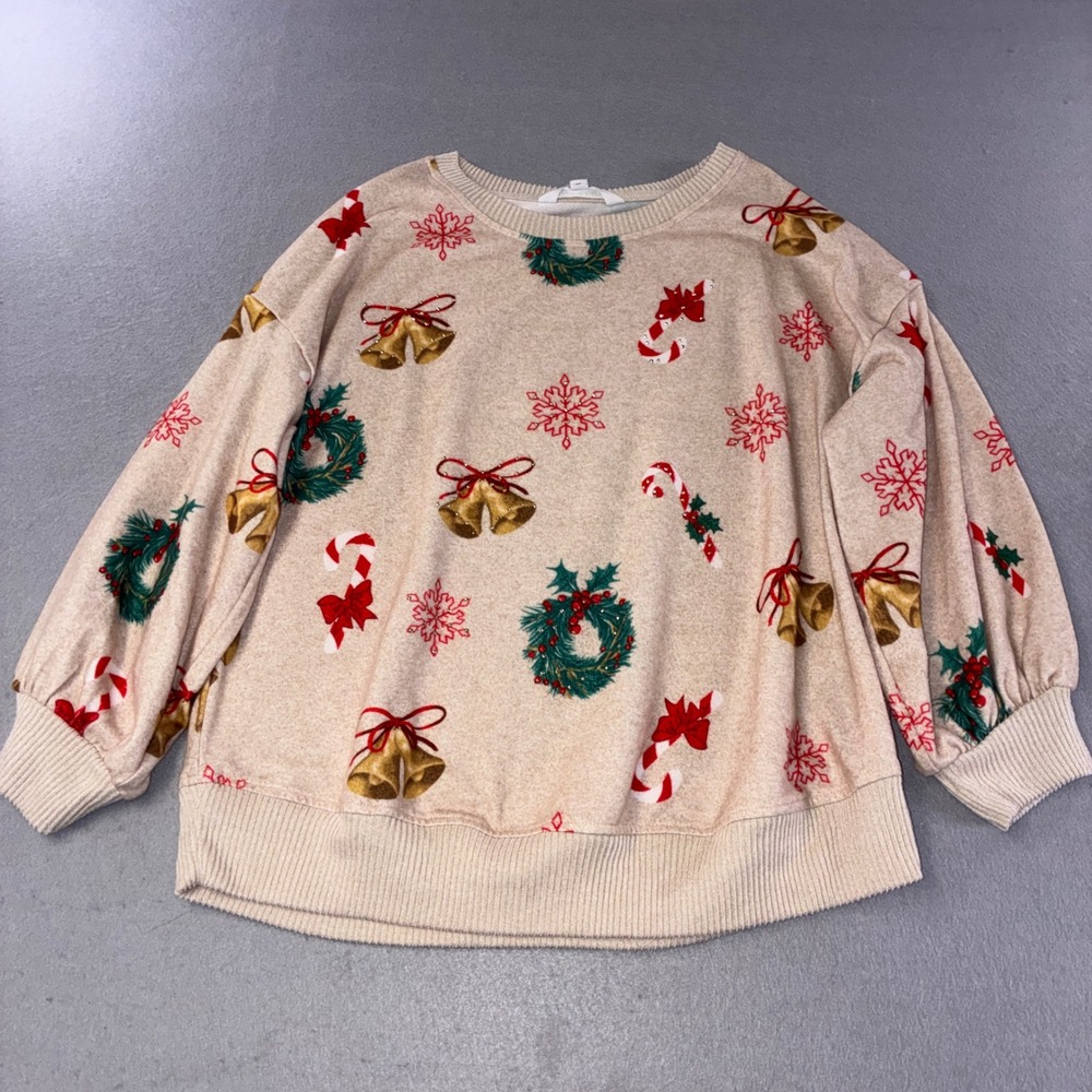 Love & Lace Christmas Pullover Women S Cream Holiday Bells Wreath Candy Cane